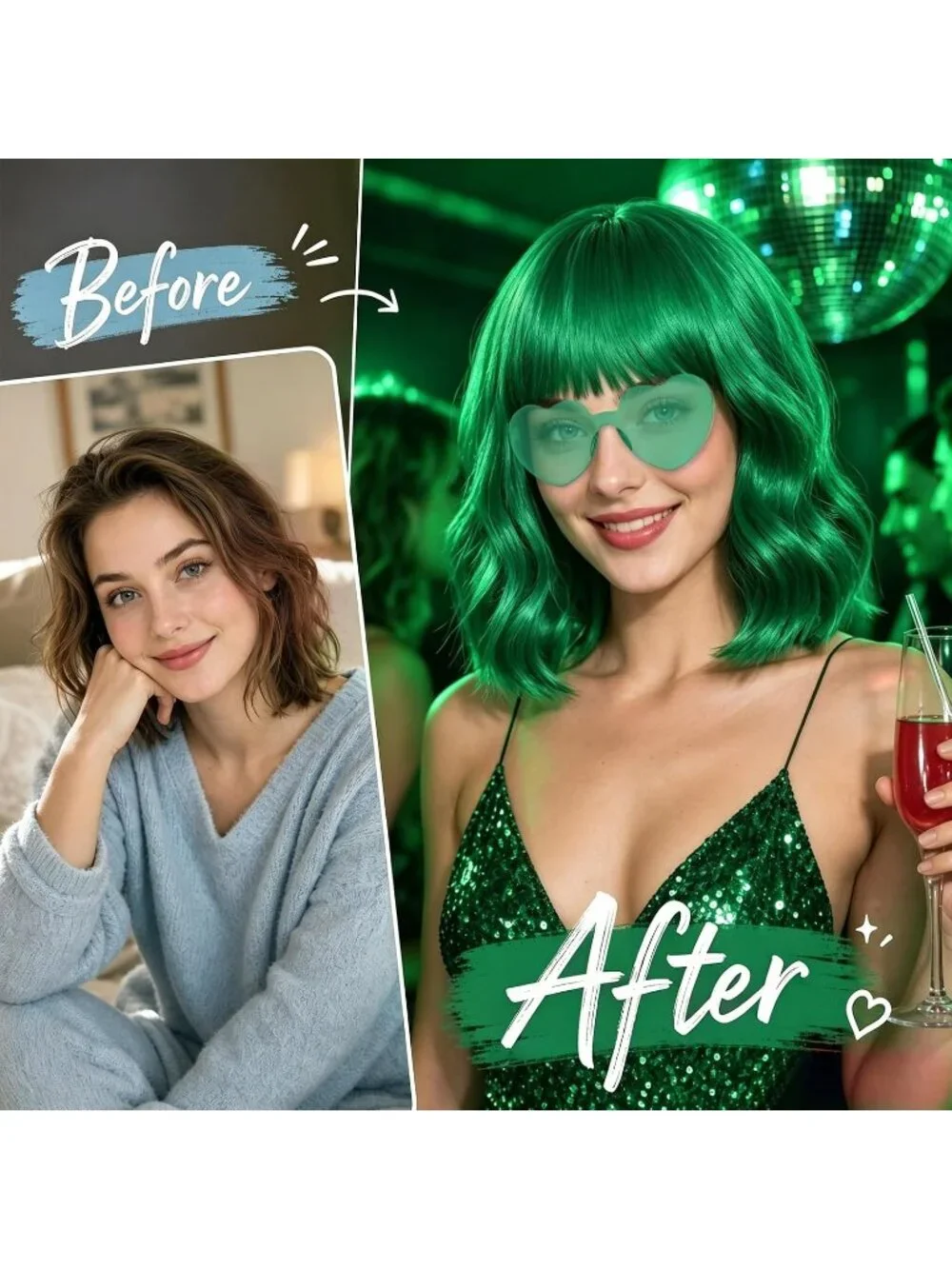 Women's Green Curly Bob Synthetic Wigs Bangs With Neon Heart Sunglasses